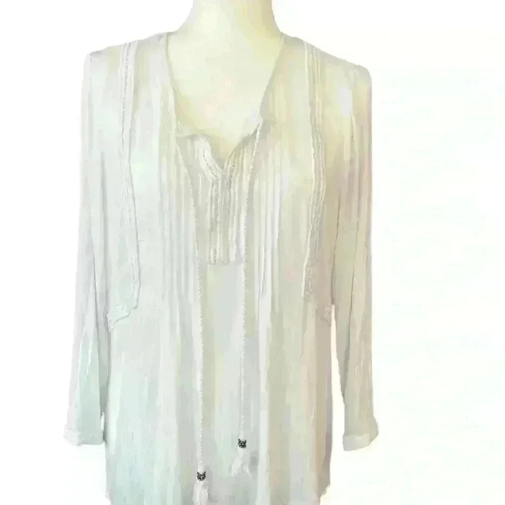 Anthropologie Daniel Rainne White Crochet Tunic Peasant Boho Top Size Large